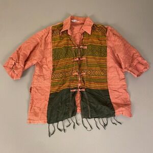 Thai Silk Hand Work Shirt Top Medium‎ Ethnic Print Boho Hippie Festival  Coral